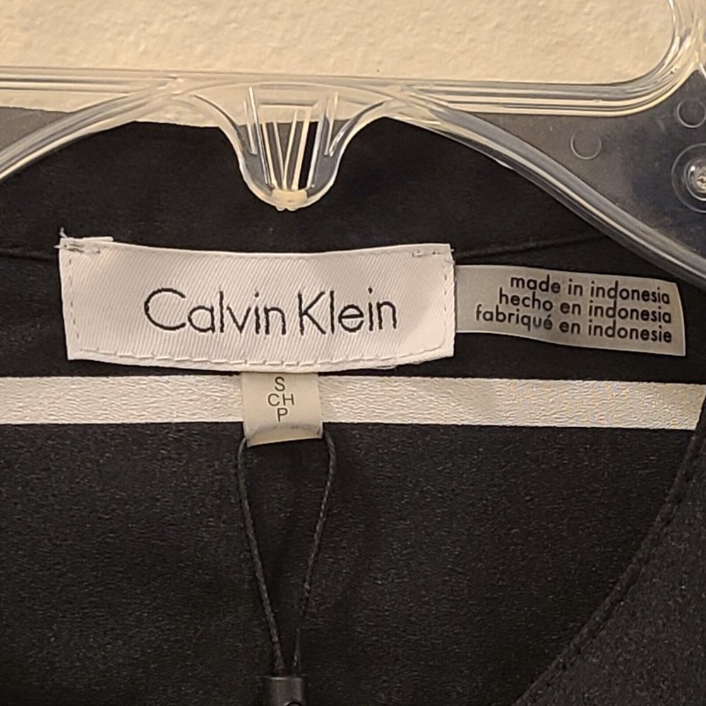 Calvin Klein Blouse Top Black White Pink Orange Stripe Women Size Small Roll-Tab - Picture 3 of 8